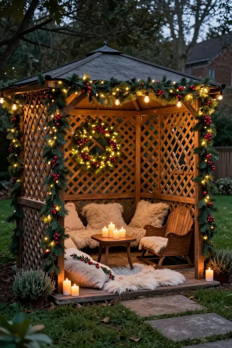 Wooden lattice gazebo in a backyard garden at dusk, decorated with evergreen garlands, red berries, string lights, a front wreath, two chairs with sheepskin cushions, a small table holding candles, and sheepskin rugs on the floor.