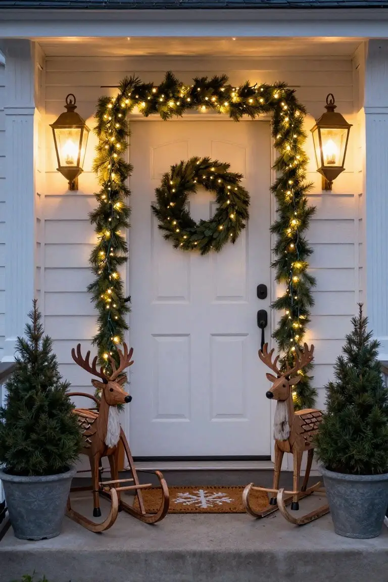 White front door on a clapboard house framed by evergreen garlands strung with warm white lights, flanked by lanterns, a wreath on the door, potted trees, and wooden rocking reindeer statues.