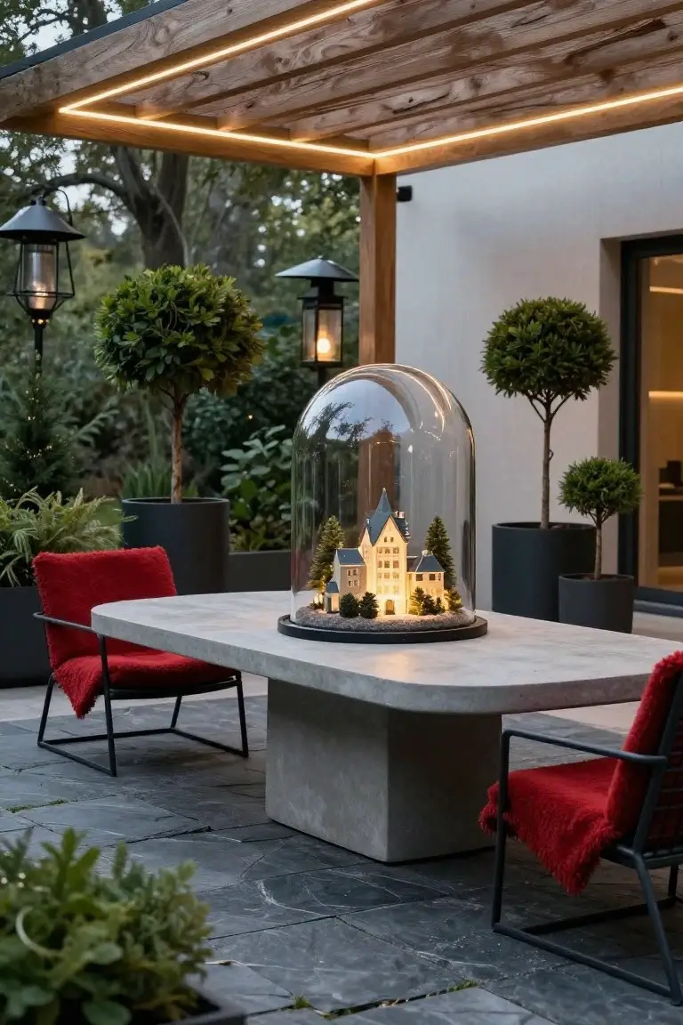 Covered outdoor patio with wooden pergola, concrete dining table and red chairs, potted plants and topiary trees, hanging lanterns, and a large glass dome on the table containing a lit miniature house and trees on a snowy base.