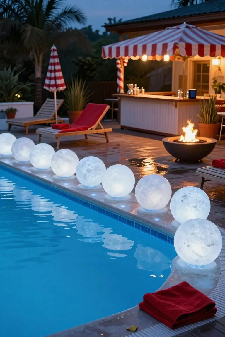 Backyard swimming pool at dusk with large glowing white orb lights lining the edge, lounge chairs, red towels, a fire pit, outdoor bar, umbrellas, and potted plants nearby.