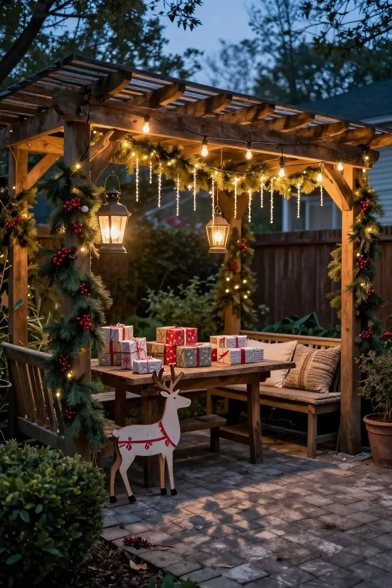 Wooden pergola in a backyard patio decorated with evergreen garlands, red berries, string lights, icicle lights, hanging lanterns, a table with wrapped presents, benches, and a white wooden reindeer cutout on a brick paver floor at dusk.