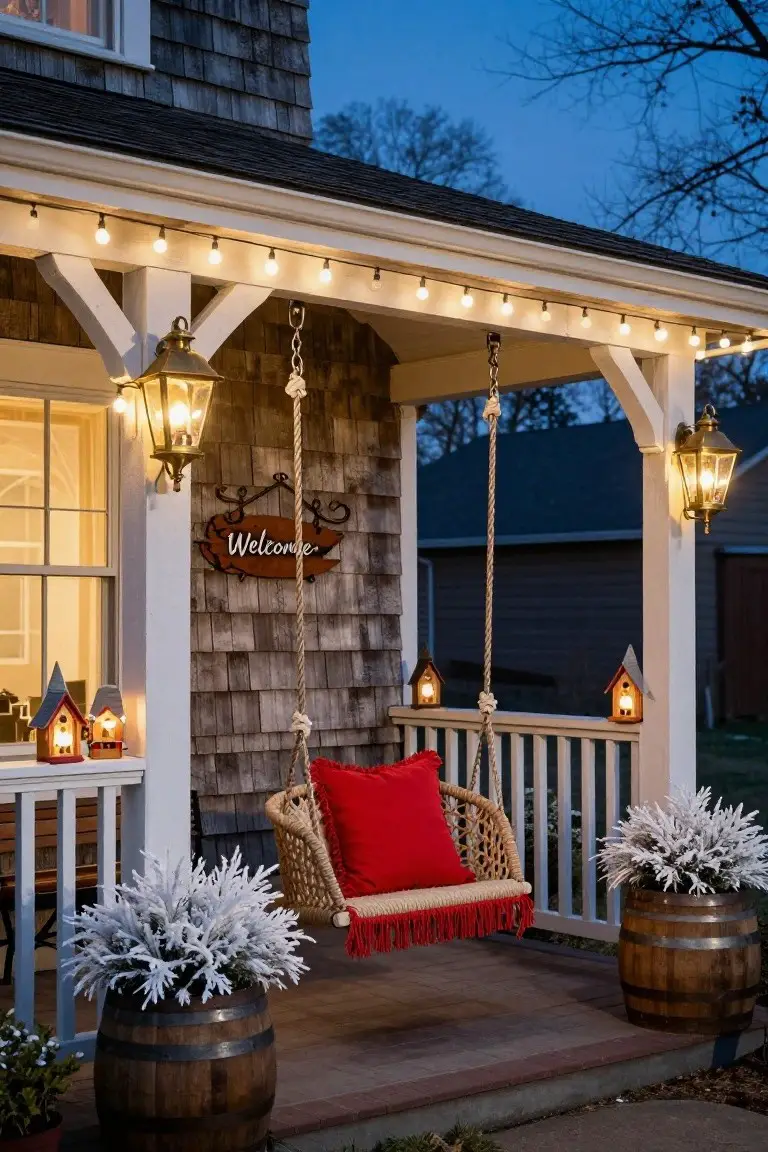 Shingled cottage porch at dusk with string lights along eaves, hanging lanterns, rope swing with red cushions, barrel planters holding white plants, small lit houses on sill, and Welcome sign on wall.