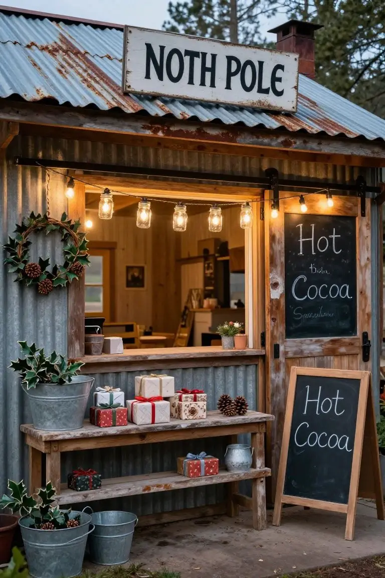 Rustic outdoor shack with corrugated metal roof and walls, 