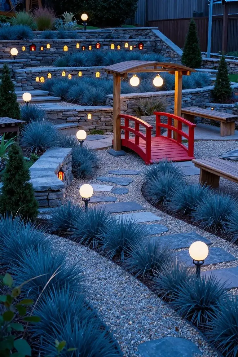 Stone retaining walls with small illuminated houses embedded along a gravel path lined by blue grasses, leading to a red wooden bridge under wooden arches with hanging globe lights at dusk.