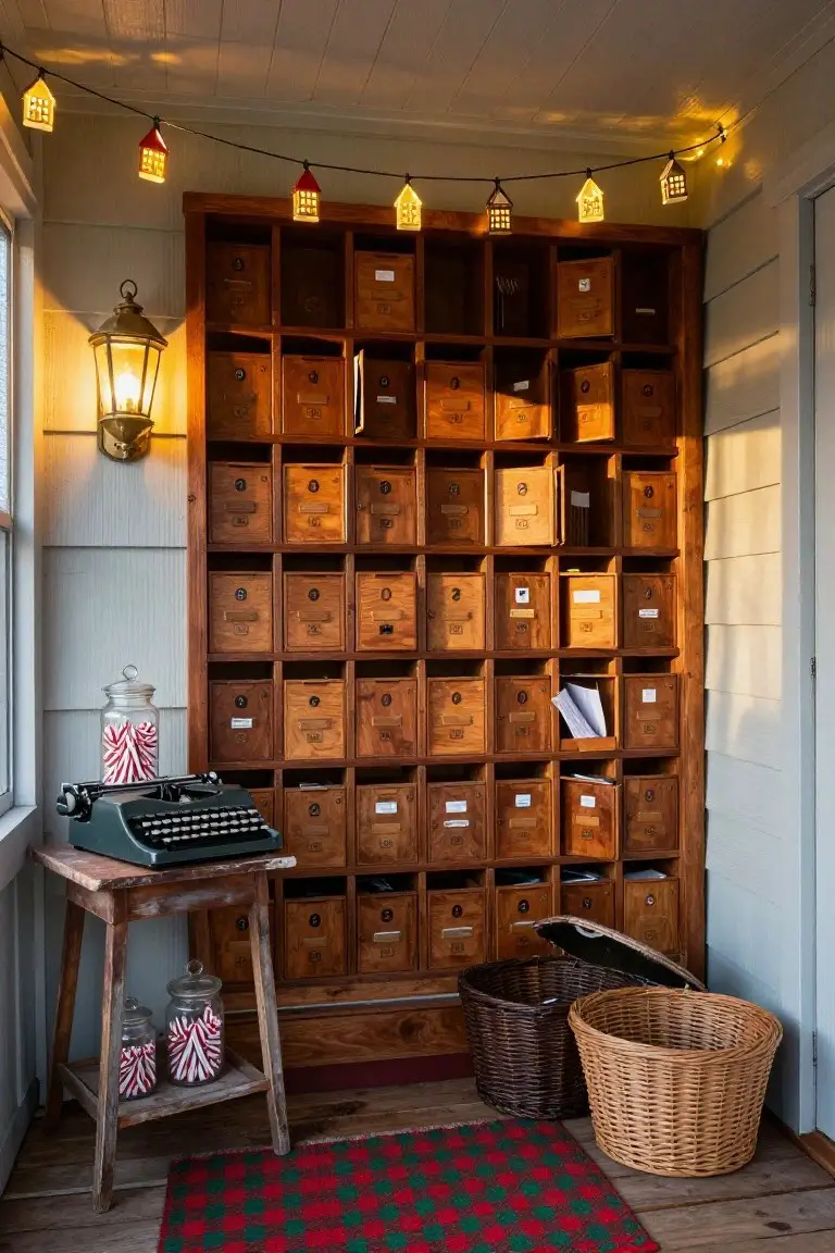 Enclosed porch with large wooden wall cabinet of labeled small boxes, vintage typewriter and candy jars on wooden table, house-shaped string lights on ceiling, wall lantern, plaid rug, and woven baskets on floor.
