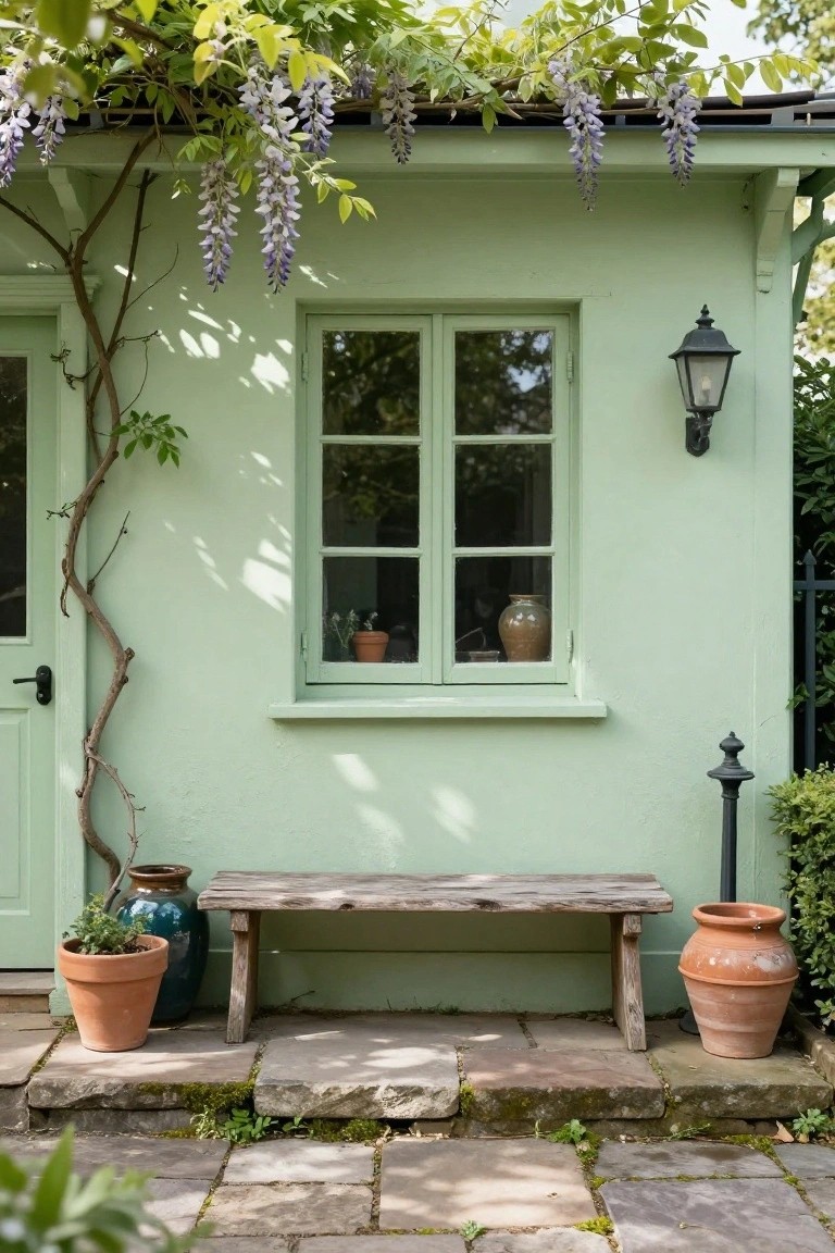 Pale green wooden outbuilding exterior with cascading purple wisteria vines along the walls and roof, a multipaned window with potted plants inside, weathered wooden bench, terracotta pots, black lanterns, and stone steps on a patio.