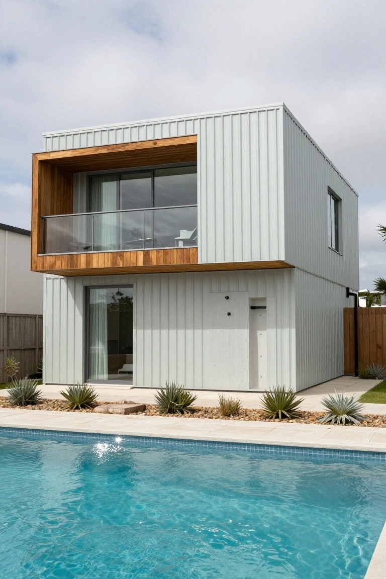 Two-story modern house with light green corrugated metal siding, wooden balcony with glass railing, large windows, and an adjacent swimming pool edged with agave plants and gravel.