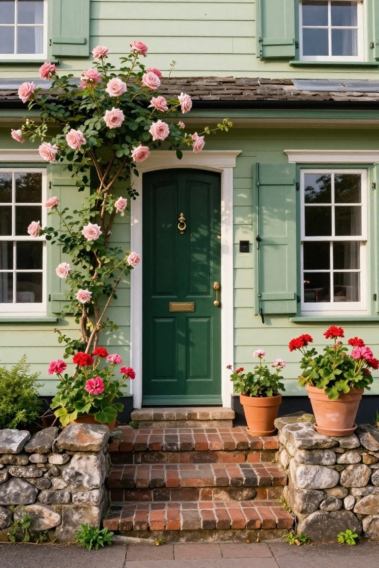 Light green clapboard house with dark green front door flanked by pink climbing roses on a trellis, red geraniums in terracotta pots on stone walls, and brick entry steps.