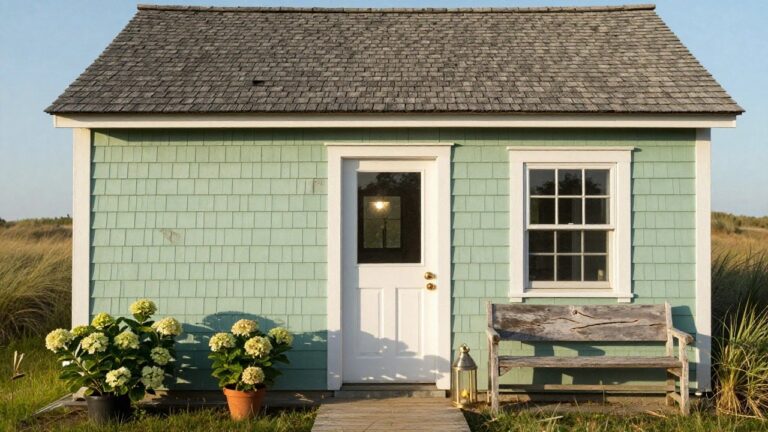 Light green shingled cottage exterior with white front door, brass lantern light, windows on each side, potted white hydrangeas, weathered wooden bench, and wooden front path.