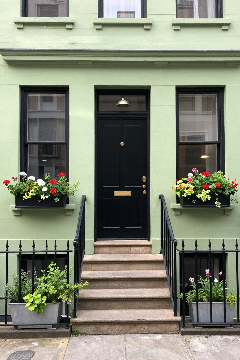 Light green townhouse exterior with black window frames and front door, window boxes overflowing with red and white geraniums and other flowers, stone entry steps flanked by black railing, potted plants at the base, and small basement window grilles.