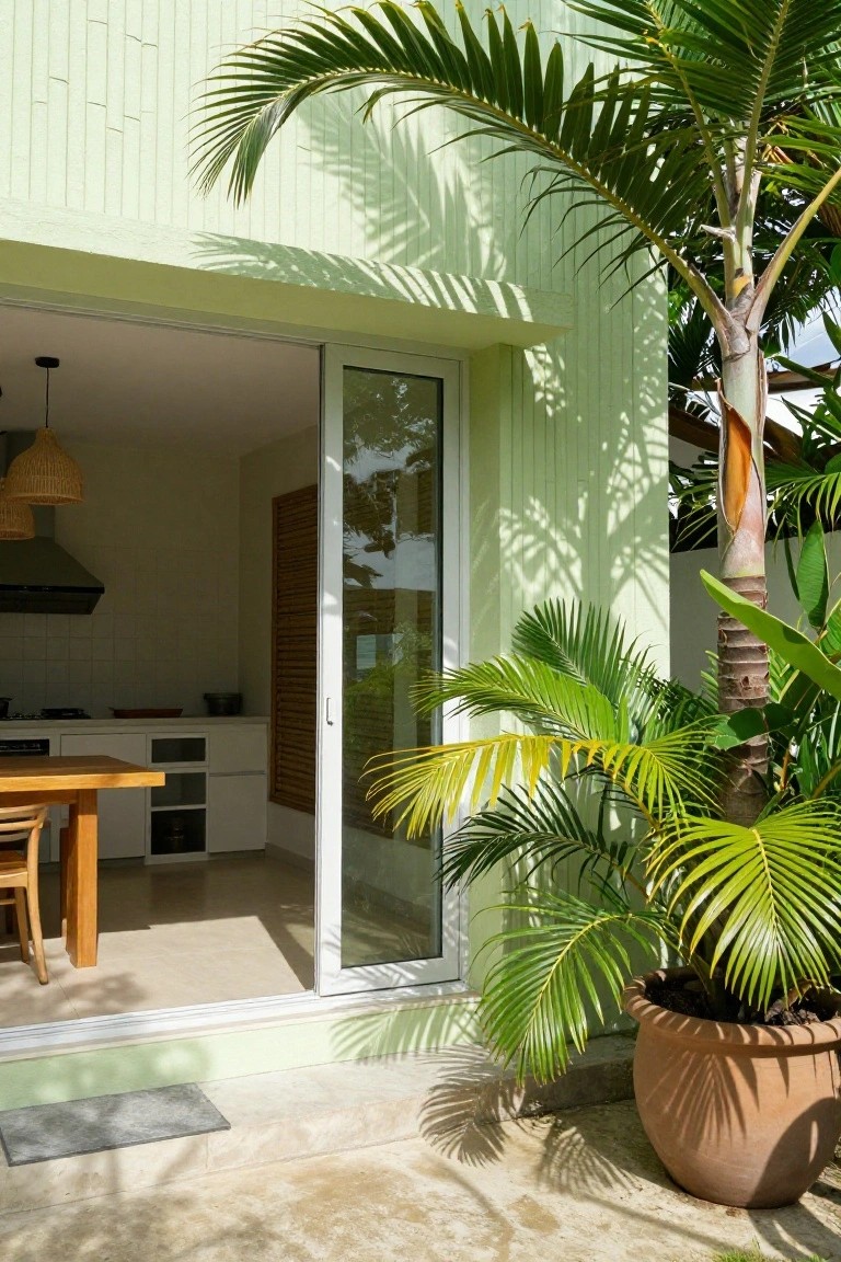 Light green vertical board-and-batten house wall with open sliding glass doors revealing an indoor kitchen, large potted palm tree nearby, and stone patio surface.