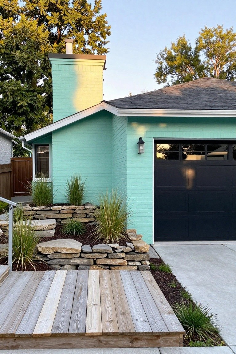 Teal-painted brick house exterior featuring a black garage door, brick chimney, wooden deck steps, stone retaining wall with grasses, and concrete driveway.