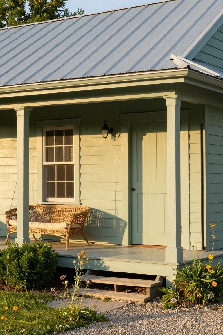 Light green clapboard cottage with gray metal roof, covered porch featuring wicker chairs and lantern, flanked by plants and gravel path.