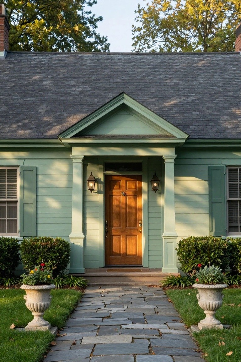 Pale green clapboard house exterior with gabled entry porch, oak paneled door, wall lanterns, green shutters on flanking windows, boxwood shrubs, potted flowers in stone urns, and slate stone walkway.