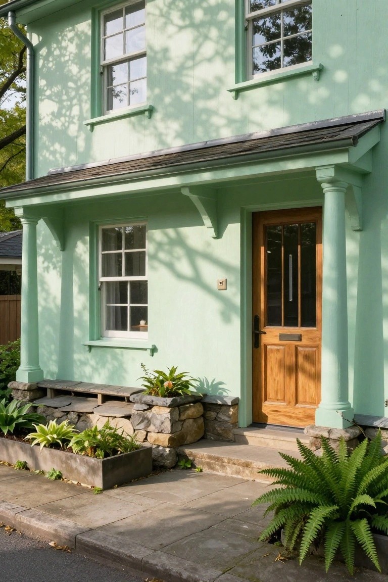 Light green painted two-story house exterior with covered front porch supported by columns, wooden door with glass panels and brass knocker, multiple sash windows, stone steps, and plants including ferns and hostas in troughs along the base on a paved path.