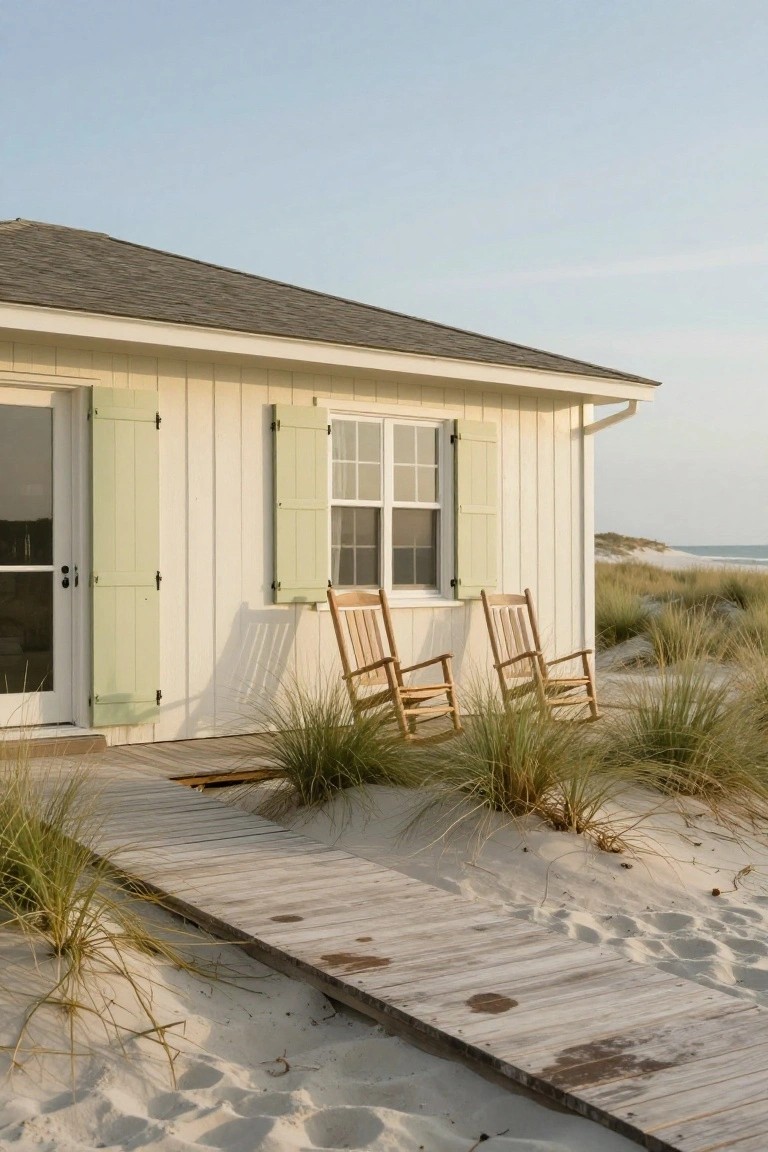 White clapboard beach cottage with light green shutters on a glass door and window, two wooden rocking chairs beside the house, sea grass and sand dunes in front, and a weathered wooden boardwalk path leading toward the ocean.