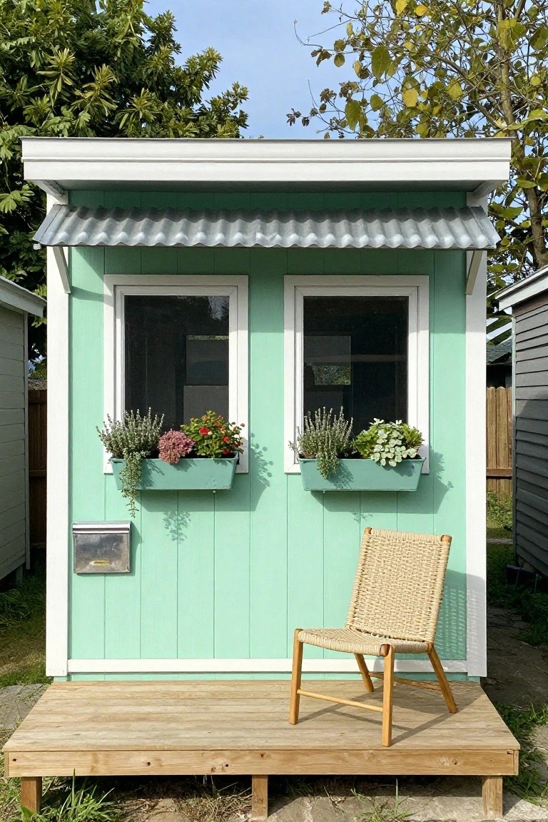Small light green clapboard shed with white trim, two front windows with matching green flower boxes containing herbs and flowers, a metal mailbox on the side, a woven rattan chair on a wooden deck platform, and trees and plants in the background.