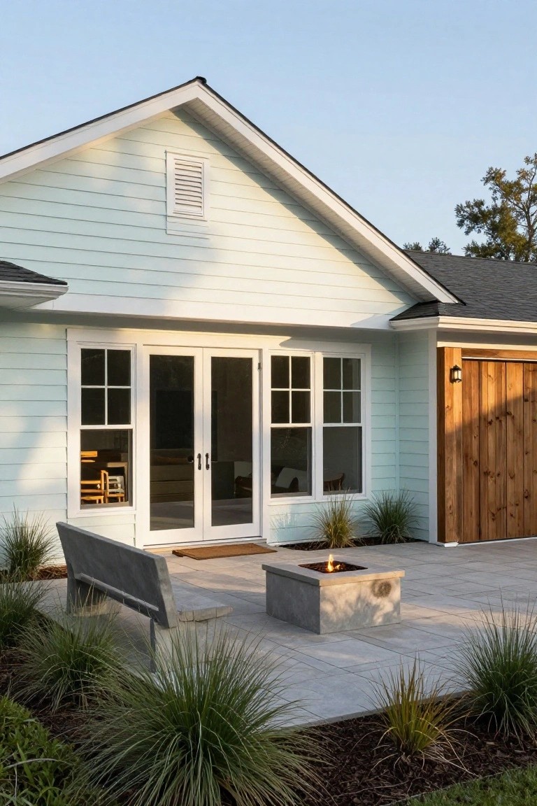 Light green clapboard house exterior featuring white French doors, a wooden garage door, concrete patio with fire pit and bench, and grasses in the yard.