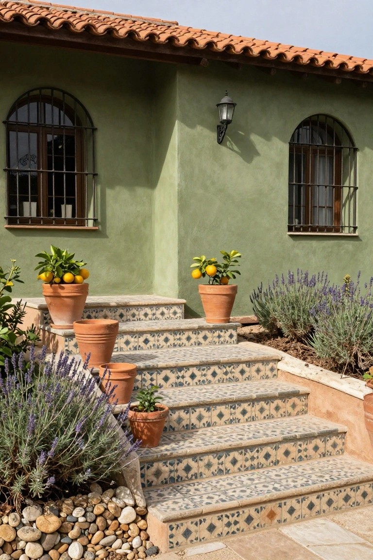 Light green stucco corner of a house with terracotta tile roof, two arched windows with black iron grilles, a wall lantern, blue-and-white tiled steps leading to an entryway flanked by terracotta pots of lemon trees and lavender shrubs in a pebbled bed.