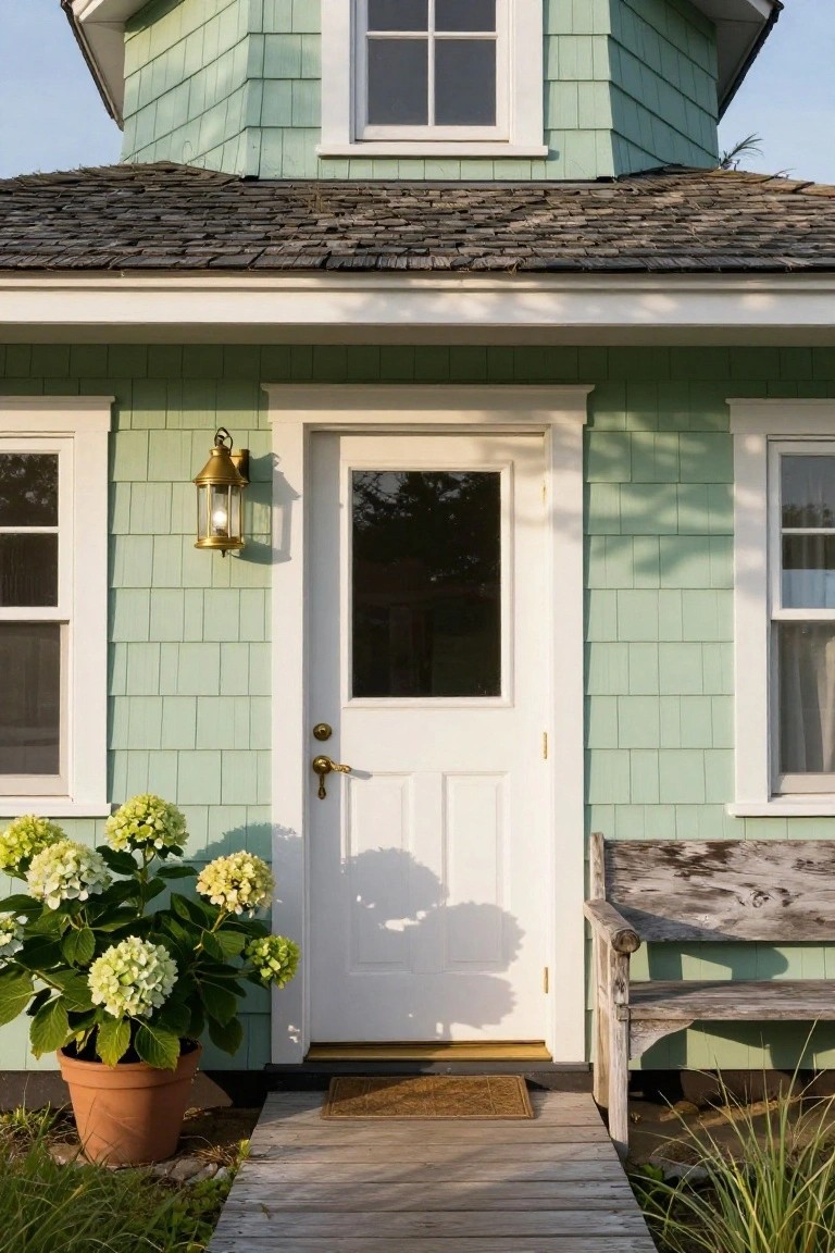 Light green shingled cottage exterior with white front door, brass lantern light, windows on each side, potted white hydrangeas, weathered wooden bench, and wooden front path.
