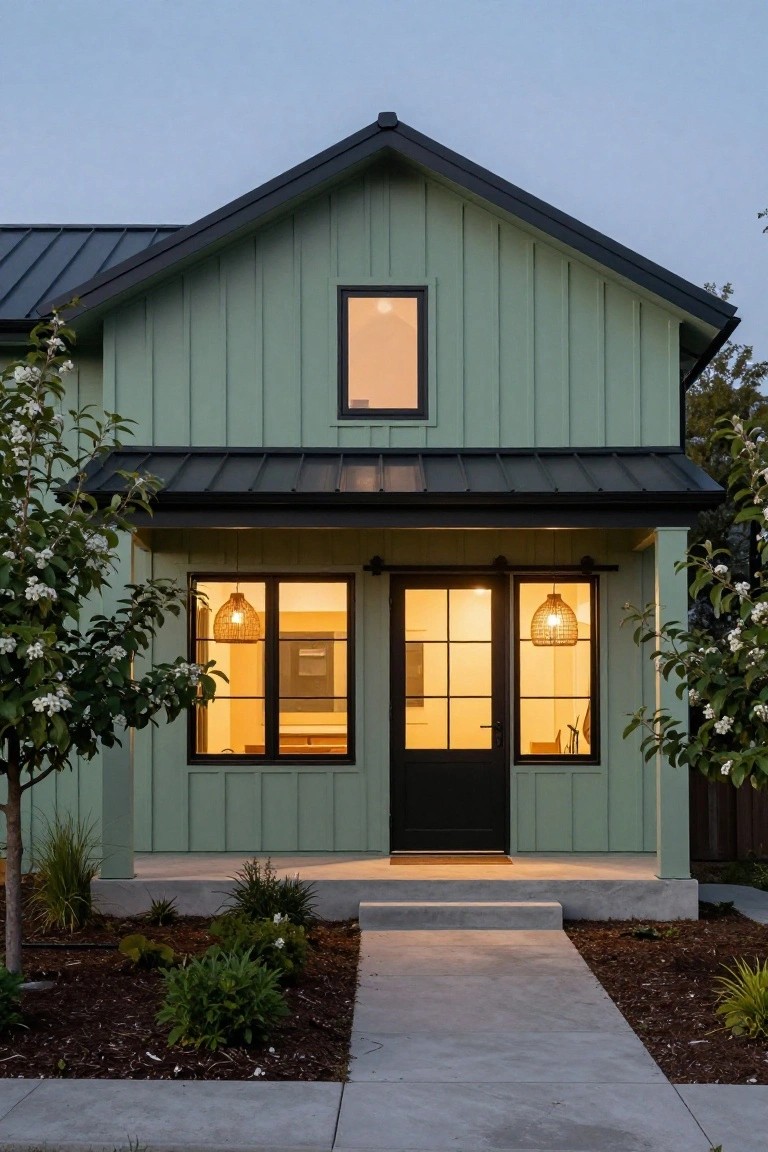 Front view of a two-tone light green house with vertical board-and-batten siding, black metal roof overhang, black-framed windows and sliding door on a covered porch with two rattan pendant lights, surrounded by small trees and ground plants on a concrete path at dusk.