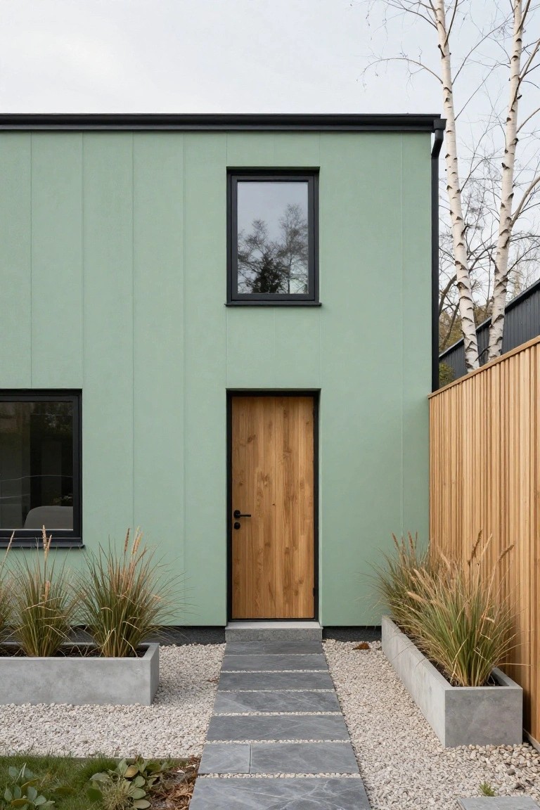 Pale green vertical siding on a modern boxy single-story house with black-framed windows, light brown wooden front door, concrete planters filled with ornamental grasses on either side of a slate stone pathway, gravel yard, wooden fence, and birch trees in the background.