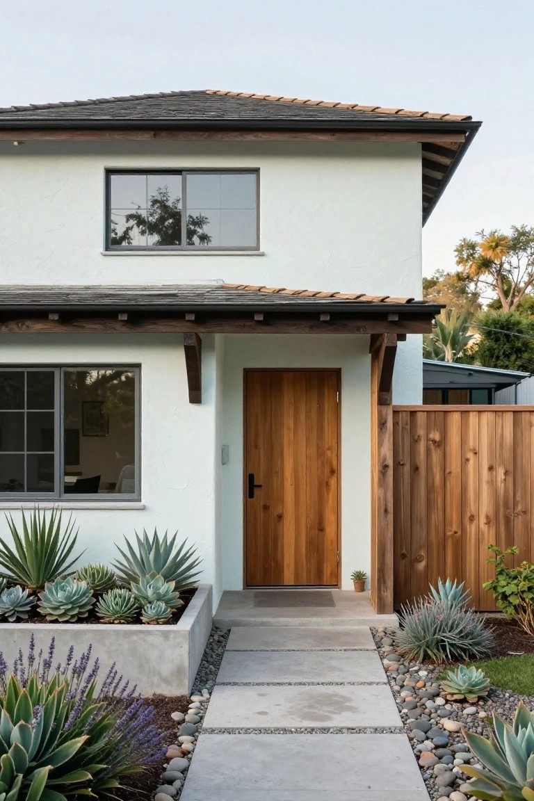Pale stucco single-story house exterior with dark wood shingle roof, wooden front door, sliding windows, and agave plants along a concrete pathway edged with pebbles.