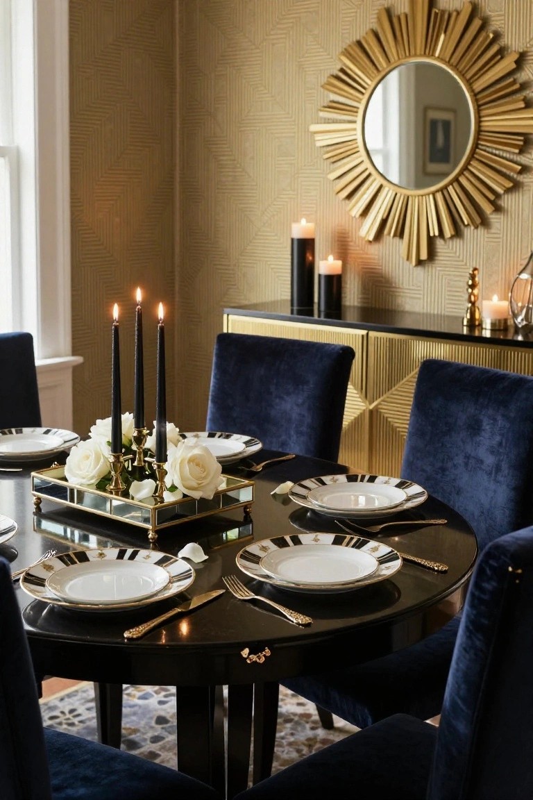 Dining table set with black taper candles and white roses in a gold holder on a mirrored tray at center, black and white patterned plates, gold utensils, navy velvet chairs, gold credenza with candles, and gold sunburst mirror on gold geometric wallpaper.