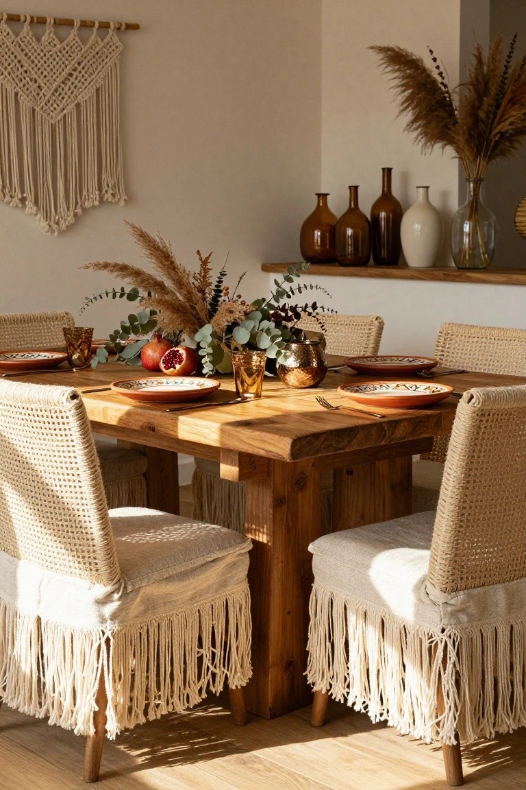 Wooden dining table set with terracotta plates, gold utensils, amber glassware, and a centerpiece of pomegranates, eucalyptus, pampas grass, and a copper vessel, surrounded by four rattan chairs with white fringed fabric cushions, macrame wall hanging, and potted grasses on shelves in a beige interior.