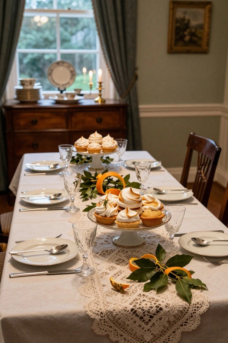 Dining table in a pale green room set with tiered stands of white-frosted cupcakes garnished by orange slices and green bay leaves, white plates, crystal glasses, silverware, and a lace runner on a white tablecloth.
