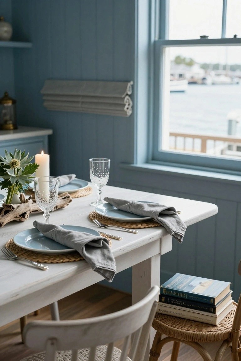 Dining table in a light blue paneled room set for two with blue plates, gray napkins, driftwood centerpiece, white candles, speckled glasses, woven placemats, and silverware, next to a window overlooking a harbor with boats.