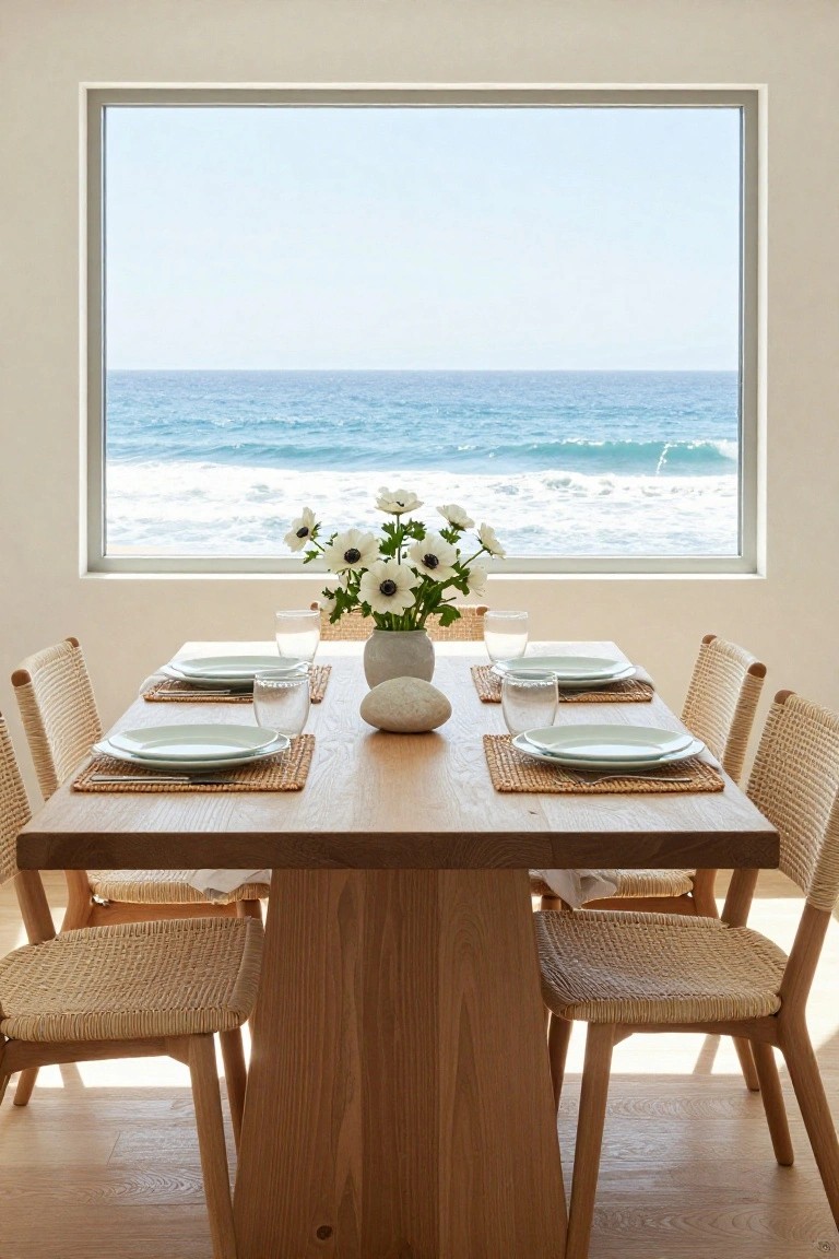 Wooden dining table set with white plates, glasses, woven placemats, and a vase of white anemone flowers and a stone, in front of a large window overlooking ocean waves, surrounded by rattan chairs in a light room with hardwood floors.