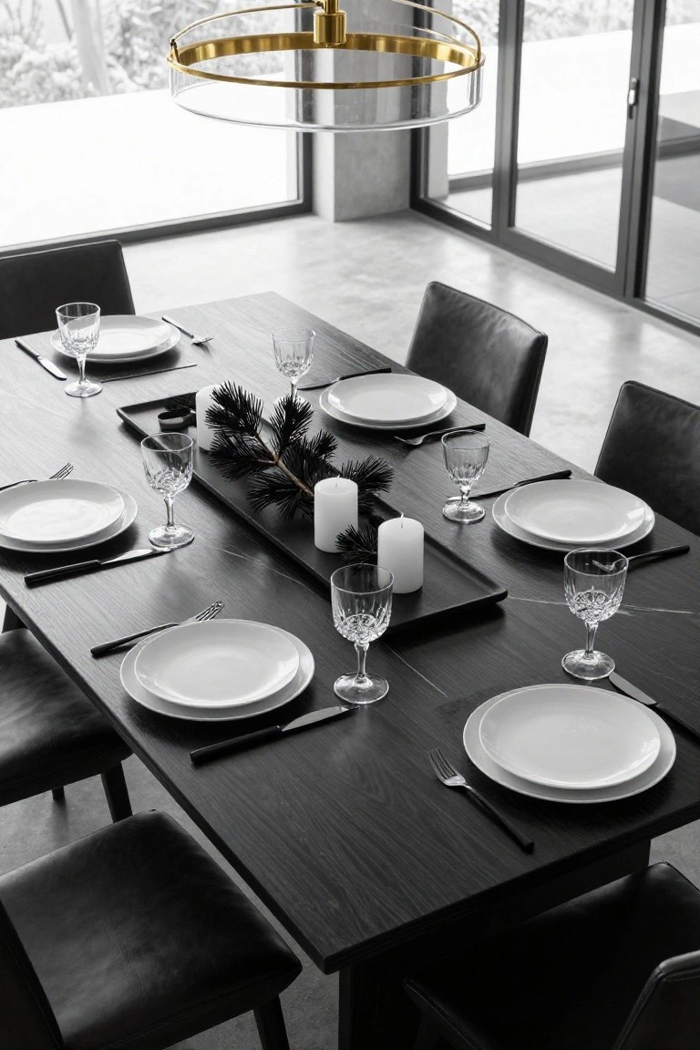 Black and white photo of a long dark wood dining table set for Christmas dinner with pine branch centerpiece, white candles, white plates, cutlery, and glassware on place settings, leather chairs around it, gold chandelier above, and snowy view through large glass doors.