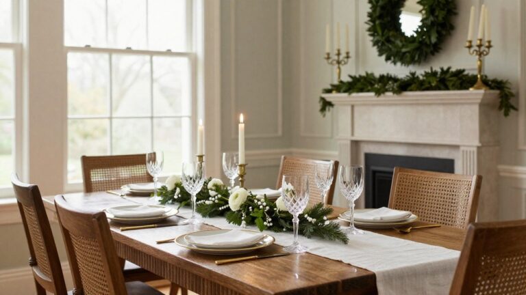 19 Luxury Christmas Table Settings That Spark Sophisticated Cheer Dining table set for Christmas with a long central garland of evergreen branches, white flowers, berries, and candles, flanked by white gold-rimmed plates, crystal glasses, and linens on a wooden table with rattan chairs in a room with windows and a fireplace.