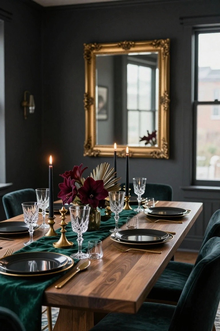 Dining table in a dark gray room set with emerald green velvet runner, black plates with gold rims, gold flatware, crystal glasses, black taper candles in gold holders, burgundy amaryllis flowers, and pampas grass centerpiece, flanked by green velvet chairs and a large ornate gold mirror on the wall.
