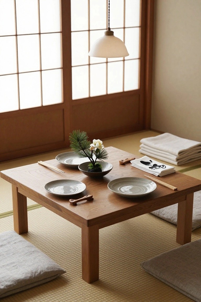 Low square wooden table on tatami mats in a Japanese-style room, set with white plates, chopsticks, wooden utensils, stacked white linens with cat print, and central black pot of pine branches and white camellia flowers, cushions nearby, shoji screens and pendant light in background.
