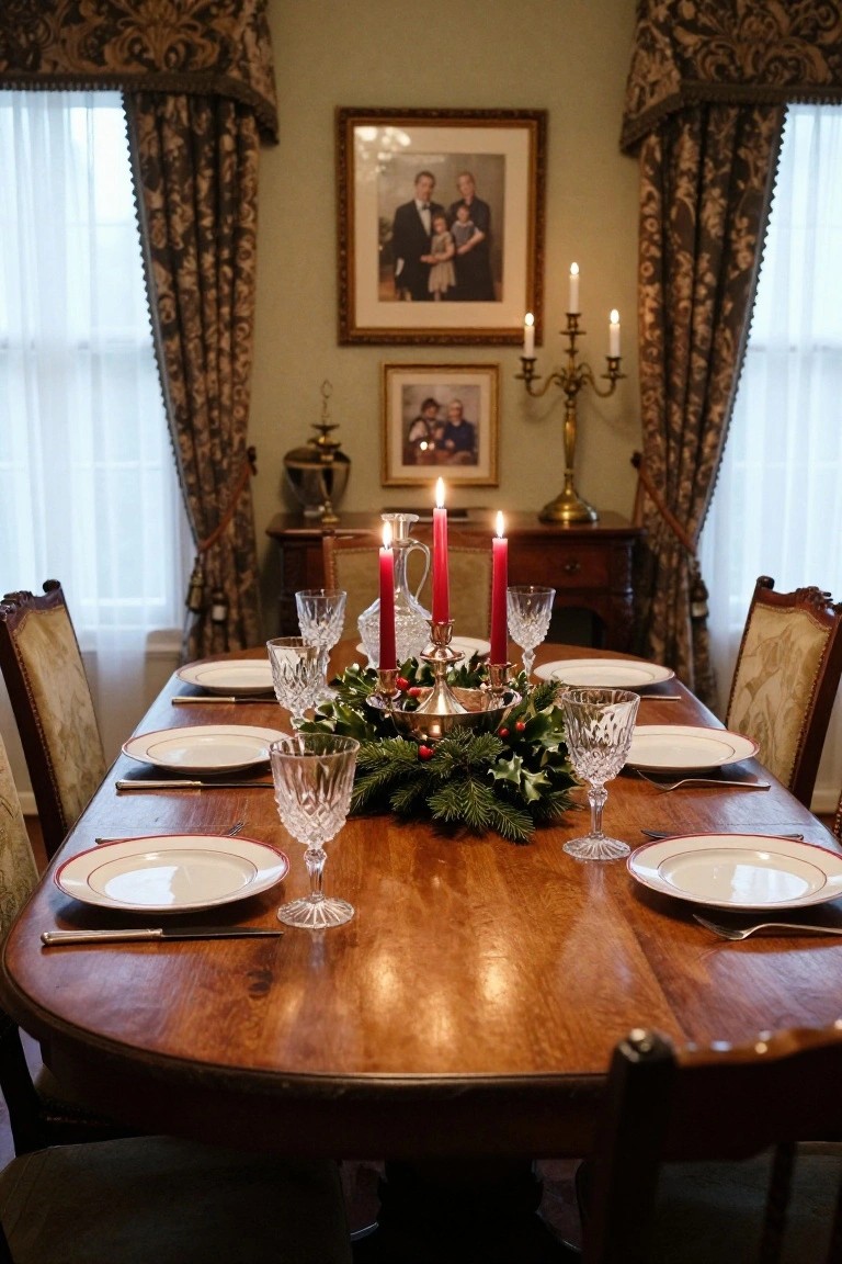 Oval wooden dining table set for Christmas dinner with central evergreen wreath centerpiece containing holly, red berries, and red candles, surrounded by white plates, crystal glasses, and upholstered armchairs in a room with green walls, drapes, and family portraits.