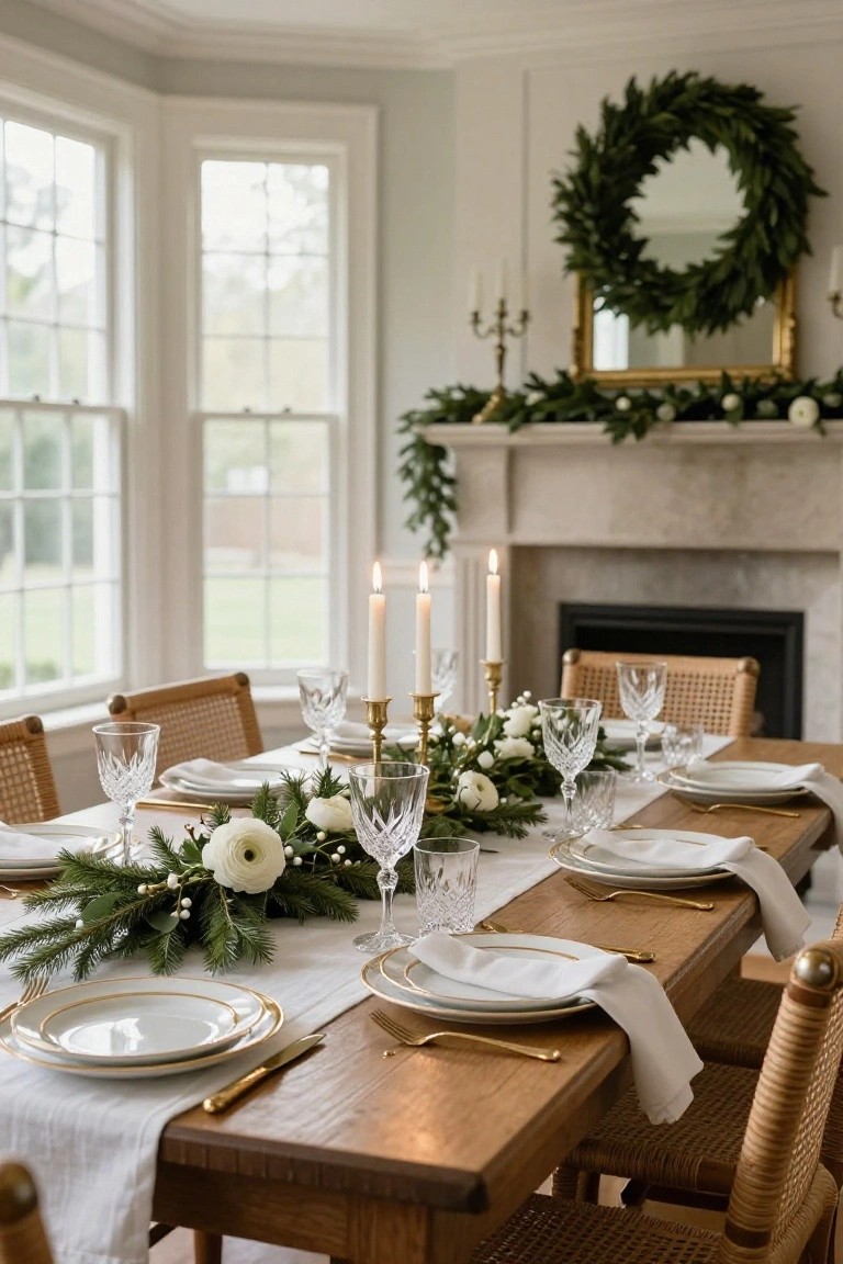 Dining table set for Christmas with a long central garland of evergreen branches, white flowers, berries, and candles, flanked by white gold-rimmed plates, crystal glasses, and linens on a wooden table with rattan chairs in a room with windows and a fireplace.