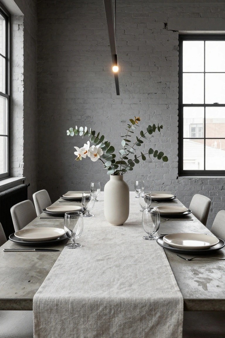 Long concrete dining table in industrial brick room with large windows, set for six with neutral plates and black rims, clear wine glasses, beige linen runner, and tall beige vase of eucalyptus branches and white orchids.