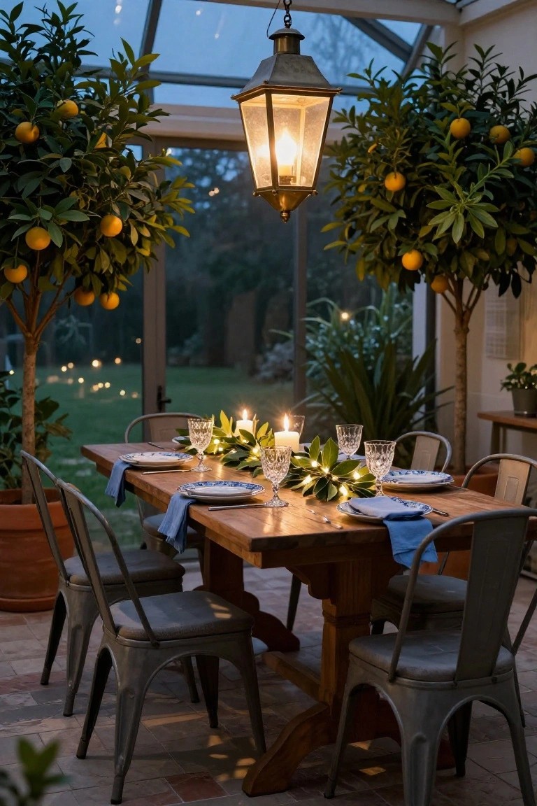 Glass conservatory with wooden dining table set for six, blue napkins and white plates with blue rims, crystal glasses, candlelit magnolia leaf garland centerpiece, potted orange trees flanking the table, hanging lantern above, dusk garden view outside.