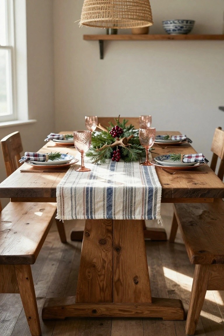 Wooden dining table with benches set for Christmas, featuring a central garland of fir branches, red berries, starfish, plaid napkins with rosemary sprigs, rose gold glasses, and blue and white plates.