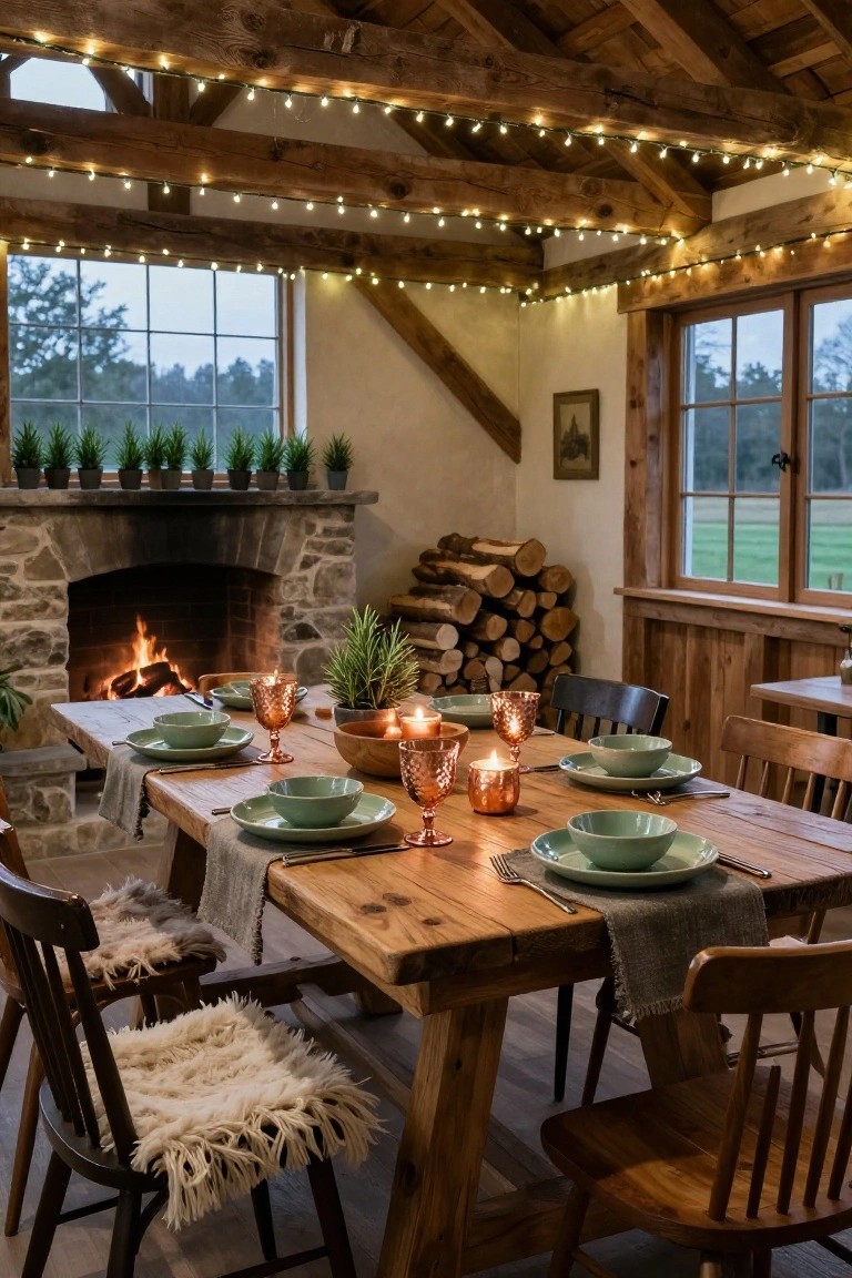 Rustic wooden dining table set with green ceramic bowls and plates, copper glasses, candles, and potted greenery in a barn-style room with stone fireplace, wood stack, string lights, and large windows.