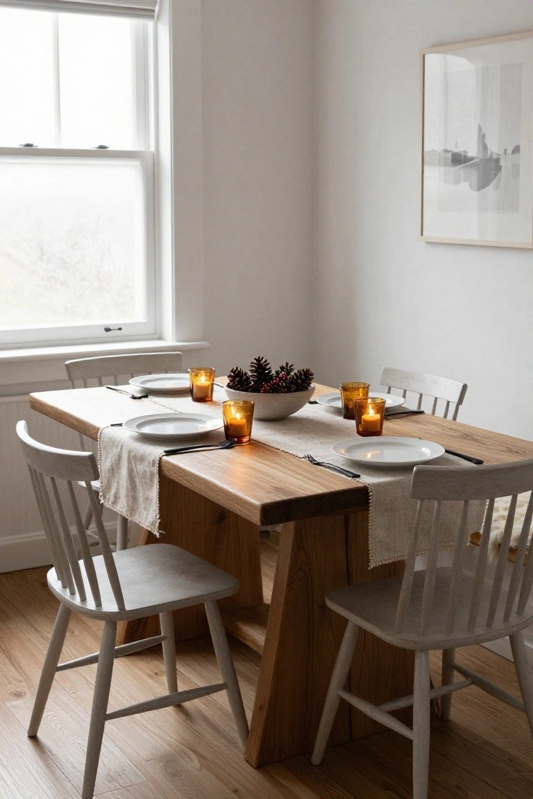 Wooden dining table in a white-walled room set for a meal with white plates, forks and knives, amber glass votives holding lit candles, a white bowl of pinecones as centerpiece, beige linen runner, and white wooden chairs around it.