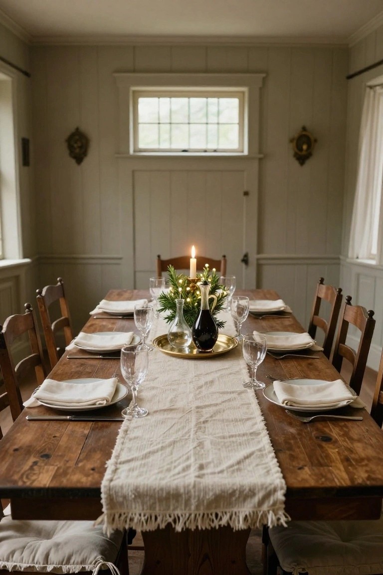 Long rustic wooden dining table in a light paneled room, set with white plates, wine glasses, linen napkins, a greenery centerpiece with candles and wine bottle, and wooden chairs.