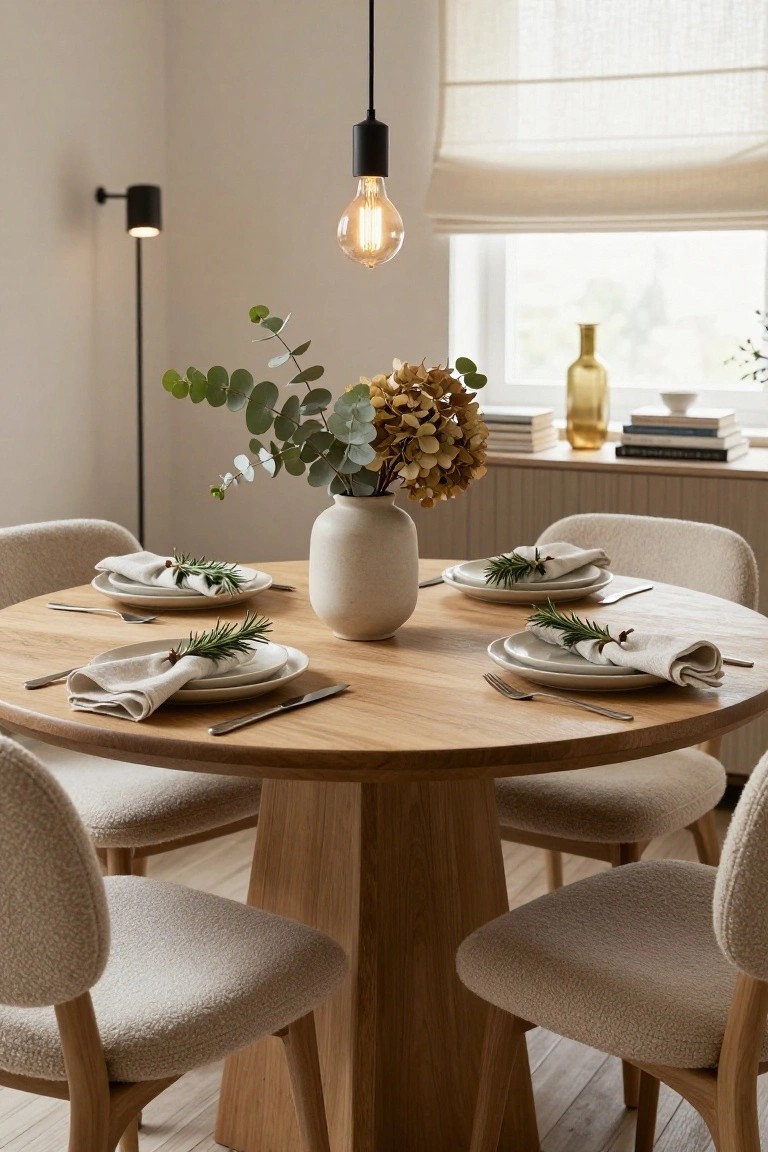 Round oak dining table set with four cream upholstered chairs, white plates and napkins tied with rosemary sprigs, central white vase of eucalyptus and dried hydrangea, pendant light above, floor lamp nearby, in a beige room with sheer window shade.