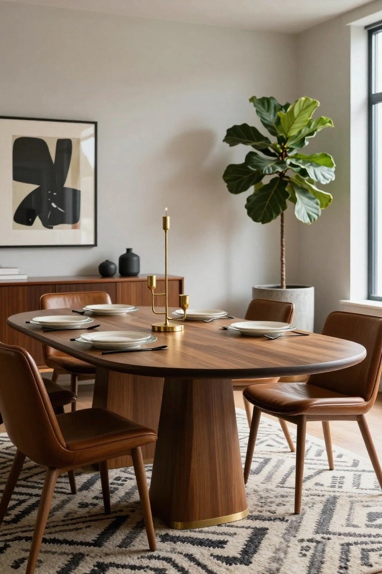 Oval walnut dining table with pedestal base and brown leather chairs in a modern room, set with white plates, cutlery, and gold candelabras, next to a gray sideboard, fiddle leaf fig plant, and geometric rug.