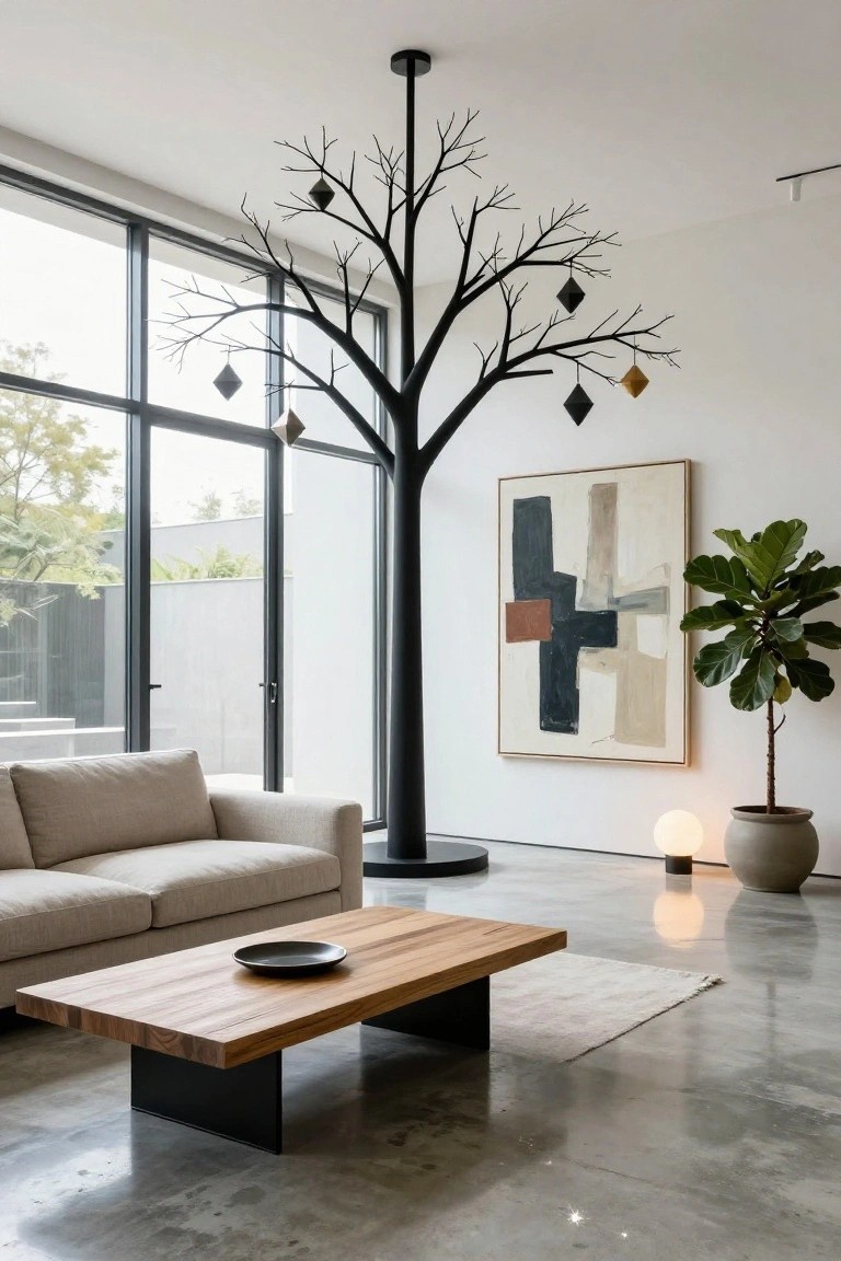 Modern living room with a large black sculptural tree chandelier hanging from the ceiling, adorned with geometric diamond ornaments, beside a beige sofa, wooden coffee table, abstract painting, potted plant, lamp, and large windows.