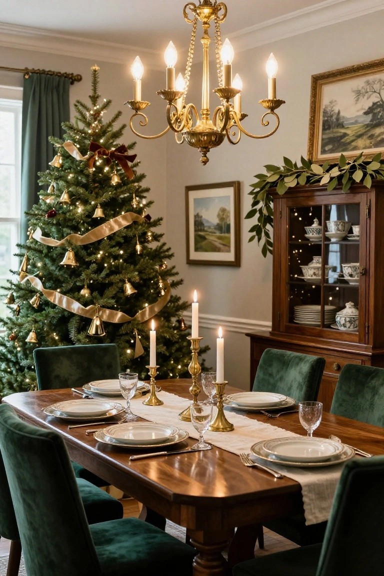 Dining room with a lit evergreen Christmas tree decorated in gold ribbons and bells next to a wooden table set with white plates, gold candlesticks, and green velvet chairs under a brass chandelier.