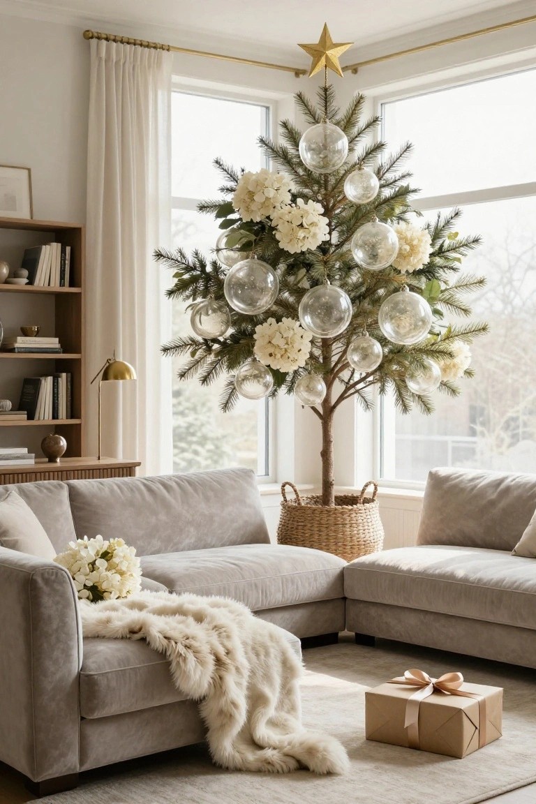 Modern living room corner with slim flocked Christmas tree decorated with white hydrangea clusters and clear glass ornaments, gray L-shaped sofa with fur throw, bookshelves, desk lamp, and large windows.