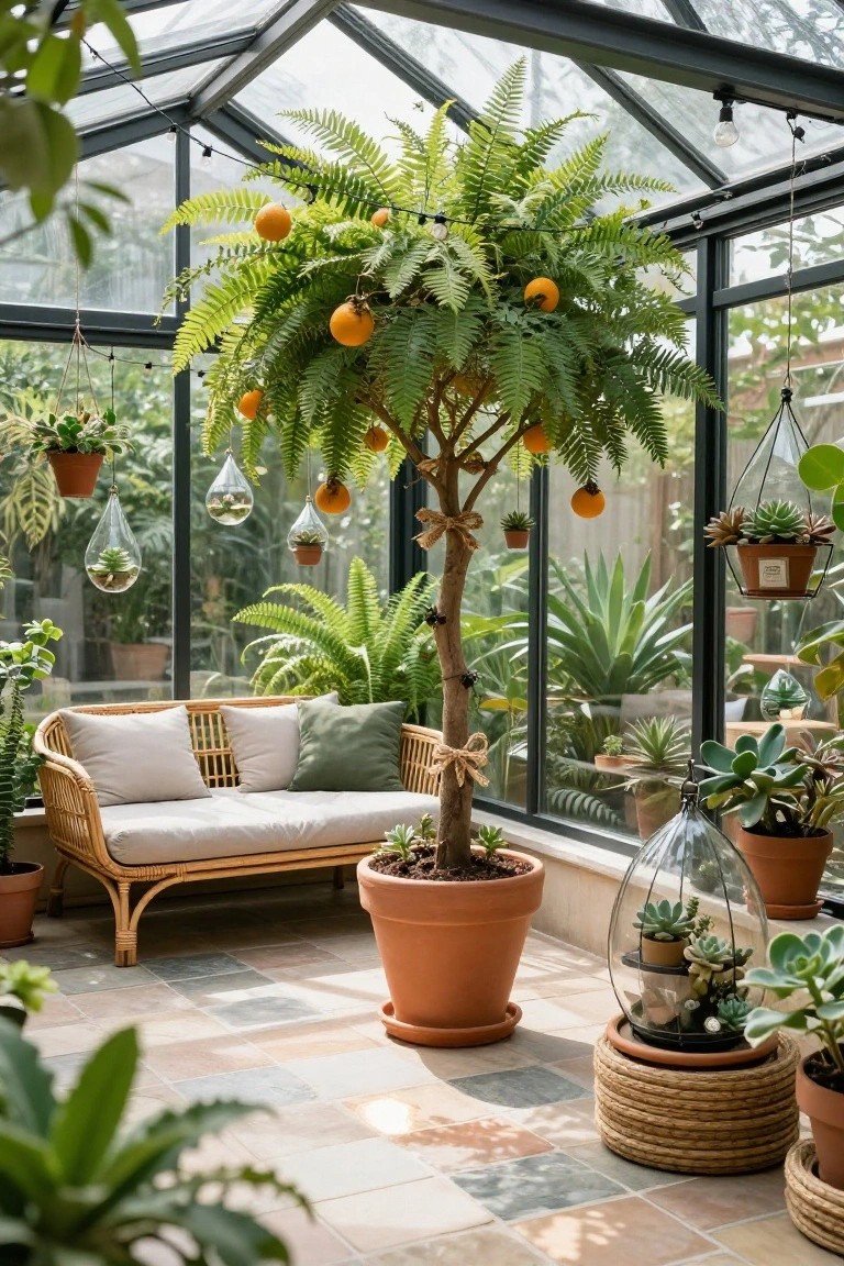 Glass conservatory interior with central potted tree fern decorated with oranges, rattan loveseat, various potted plants, and hanging planters on tiled floor.